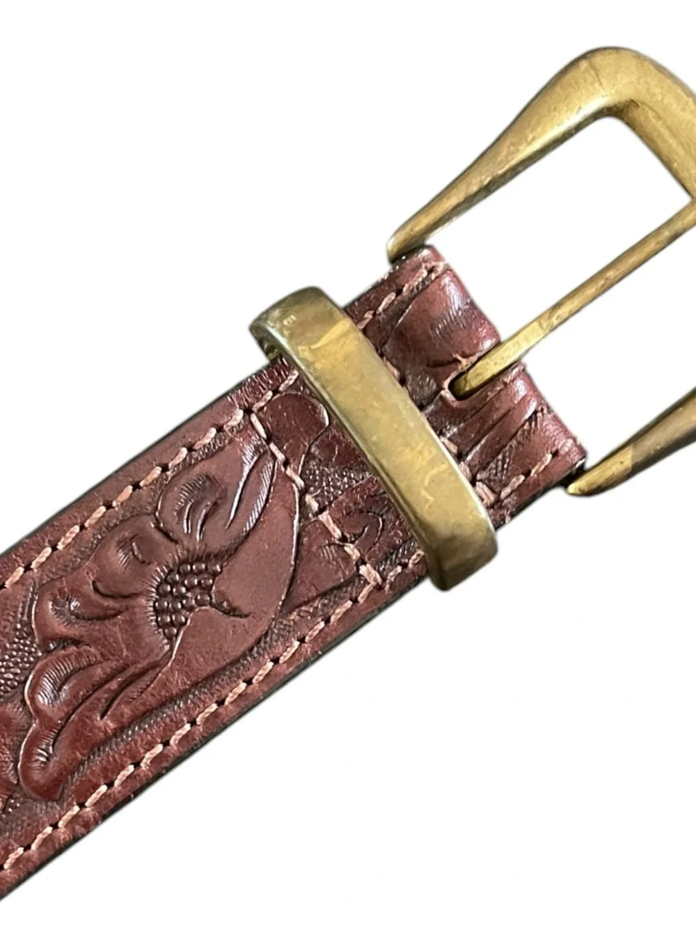 Brown Leather Floral Print Tooled Belt with Gold Finish Country Western Boho